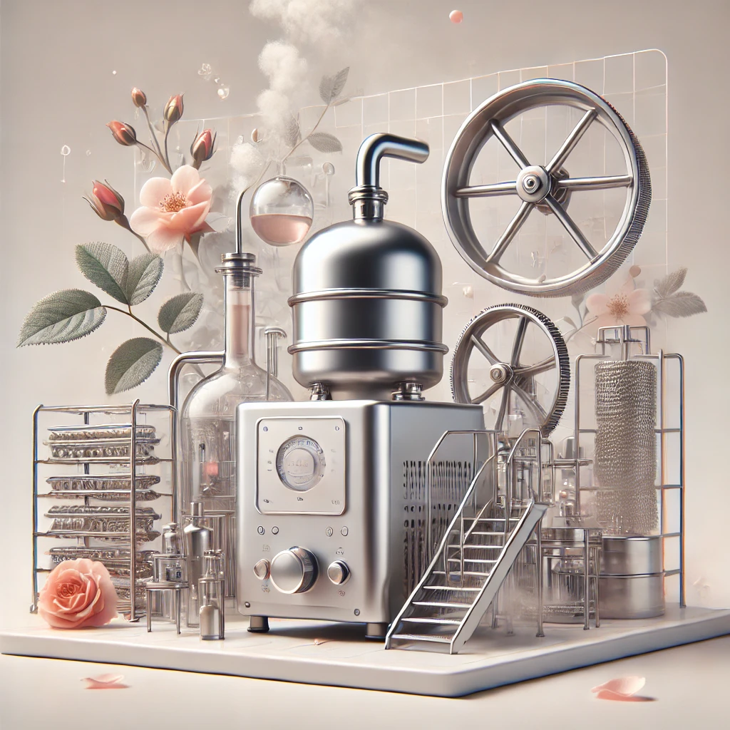 DALL·E 2024 09 10 19.50.34 A clean and sleek image for a rose water distillation machine that could serve as a featured image for an article. The image showcases a combination o